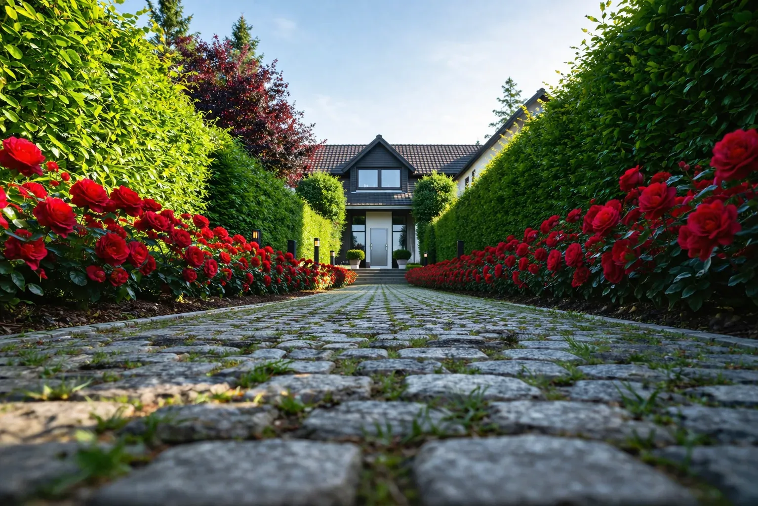 Gepflasterter Gartenweg mit Rosenbeet – Referenz von Wehle Landschaftsbau